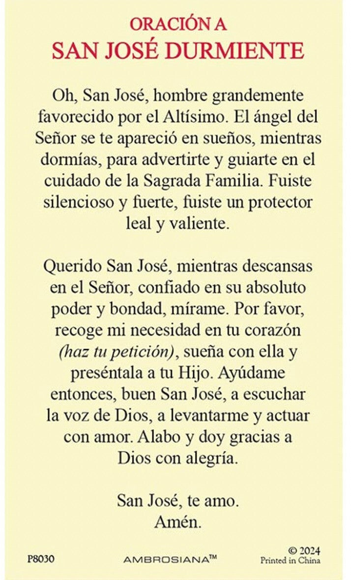 San José Durmiente prayer laminated holy card from Bob and Penny Lord Journeys of Faith, featuring religious imagery and Spanish prayer text.