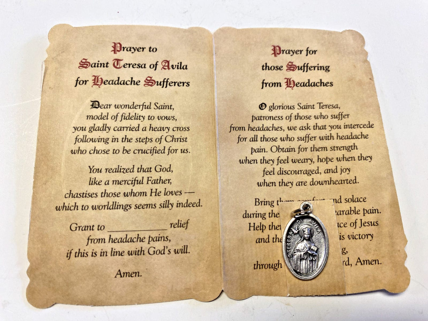 Saint Teresa of Avila "Headache, Prayer" Card + Medal, New from Italy - Bob and Penny Lord Journeys of Faith