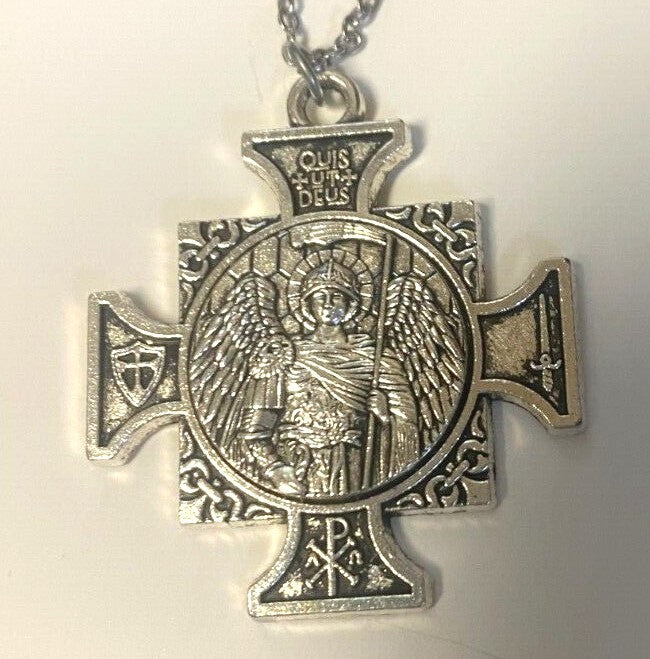 Saint Michael The Archangel Iron Cross Gold tone/Silver tone Pendant, New