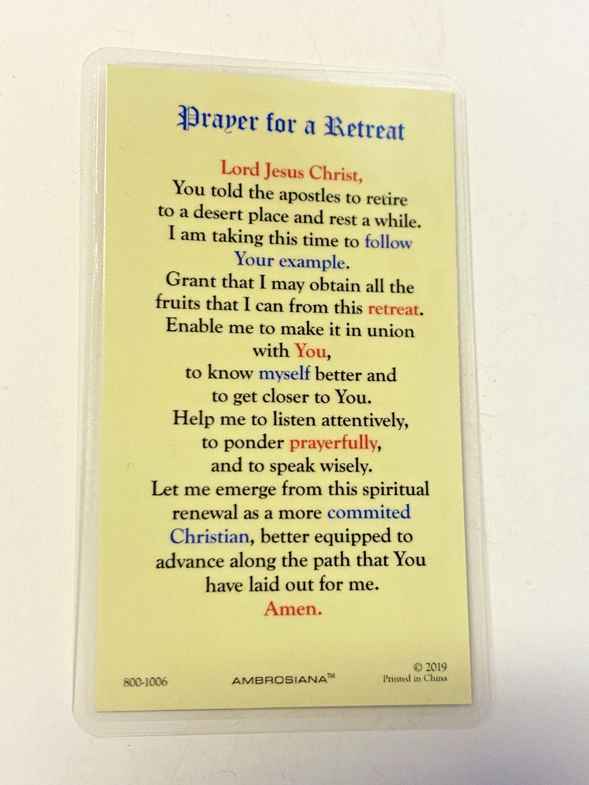 Jesus Christ/"Prayer for Retrear"  Llaminated Prayer Card, New - Bob and Penny Lord Journeys of Faith
