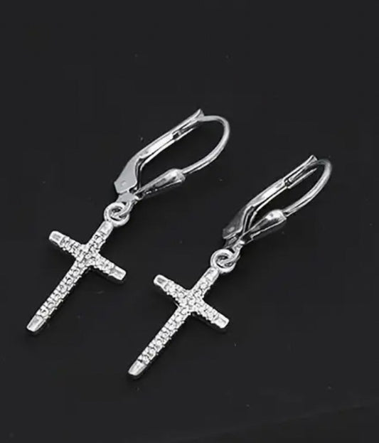 Cross Drop 1.29" Sterling Silver  Earrings with inlaid Zirconia. New #AB-383-R2 - Journeys of Faith
