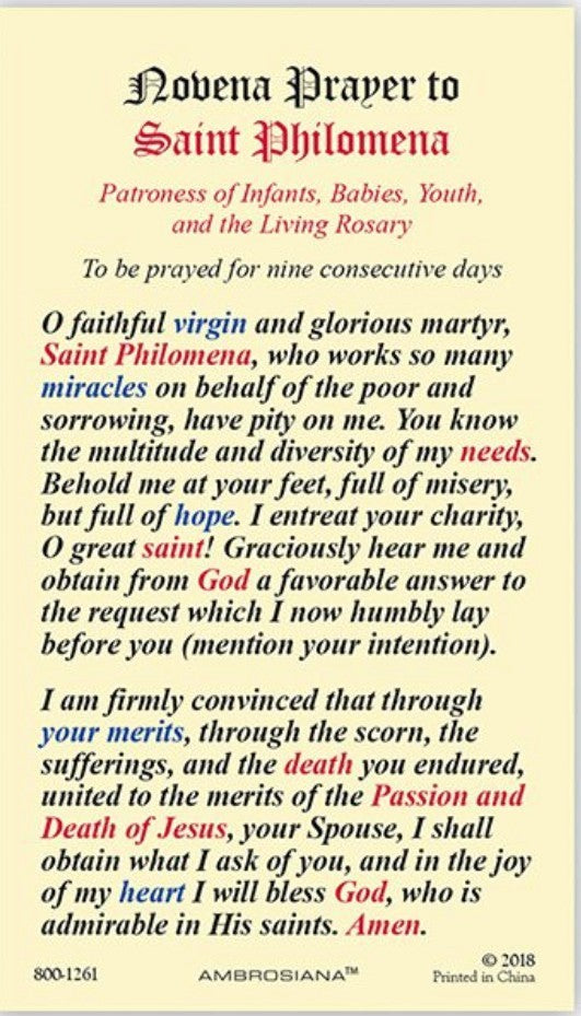 Saint Philomena Laminated Prayer Card, New from Italy #PCL-19