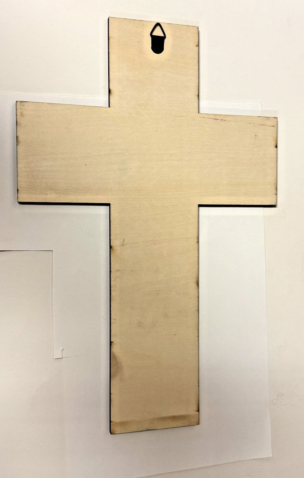 Wood crucifix with layered design, 12-inch size, from Journeys of Faith, featuring detailed Christian religious symbolism.