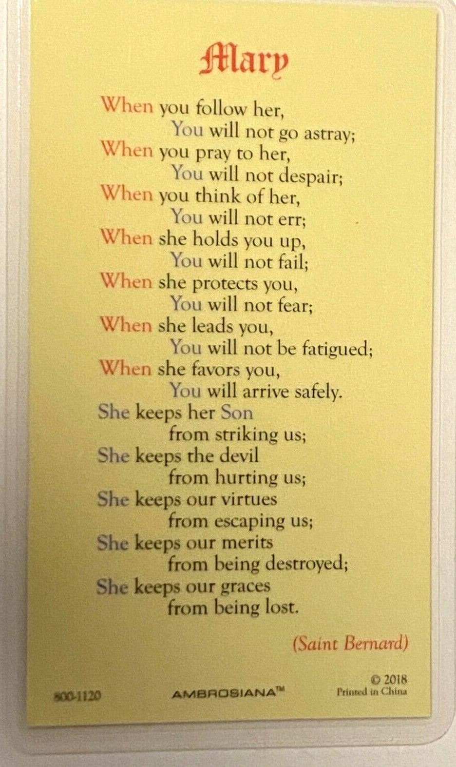 "Mary"Prayer Card Laminated Card, New #PCL-14