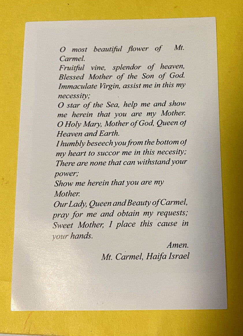 Our Lady of Mount Carmel Prayer Card, New From Holy Land - Journeys of Faith