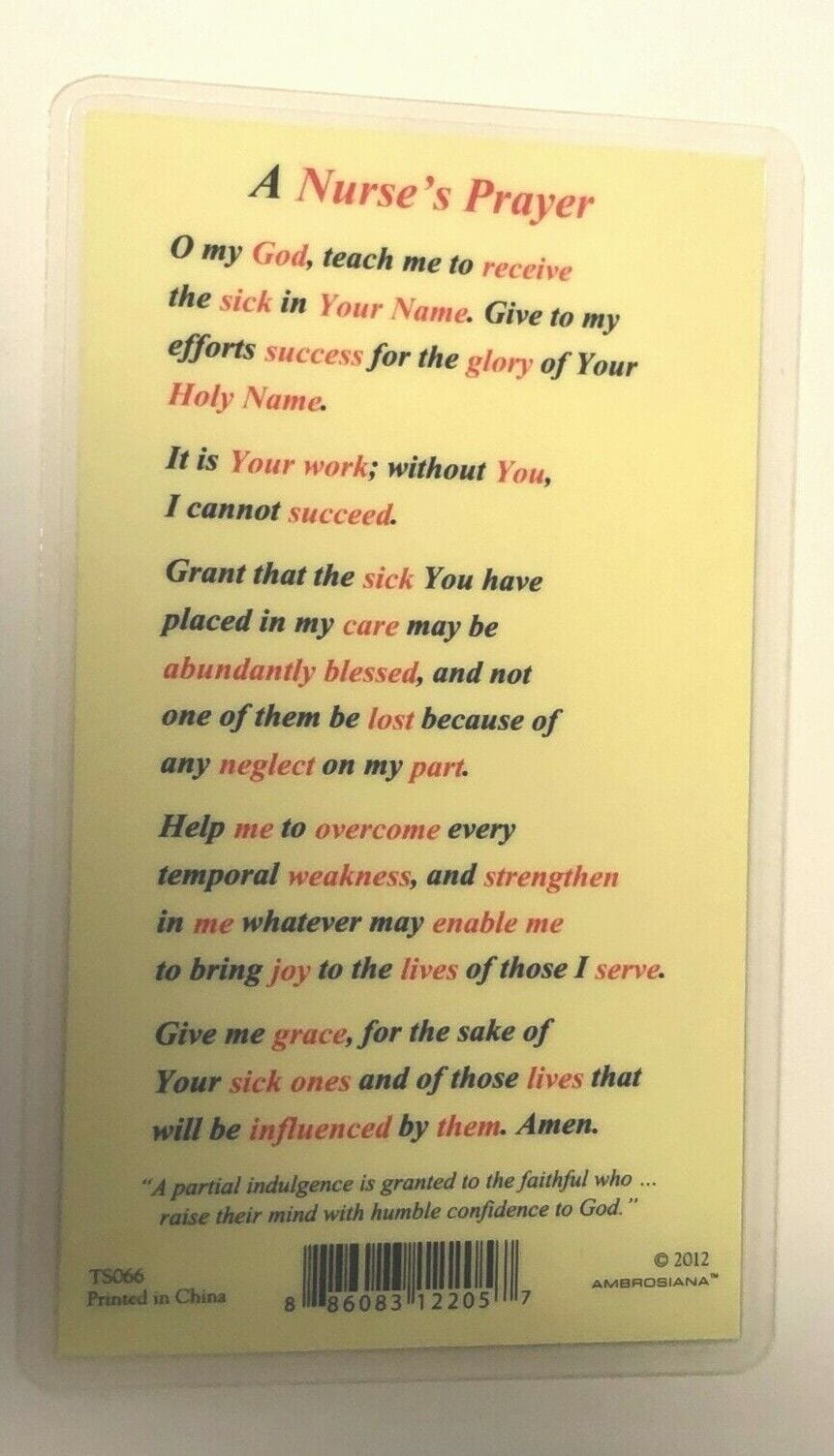 A Nurse's Prayer Card, Laminated with Image of Our Lady in Prayer, new - Bob and Penny Lord Journeys of Faith