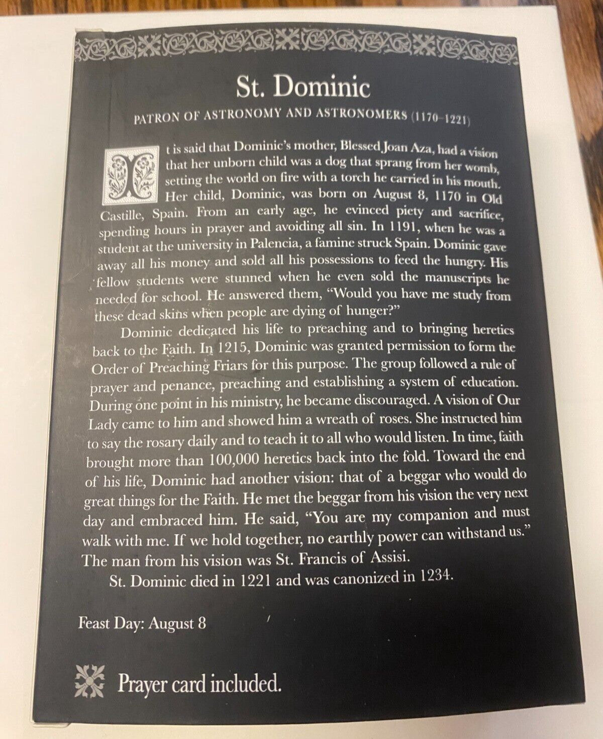 Saint Dominic 4" H Statue, Prayer Card + Bio, New