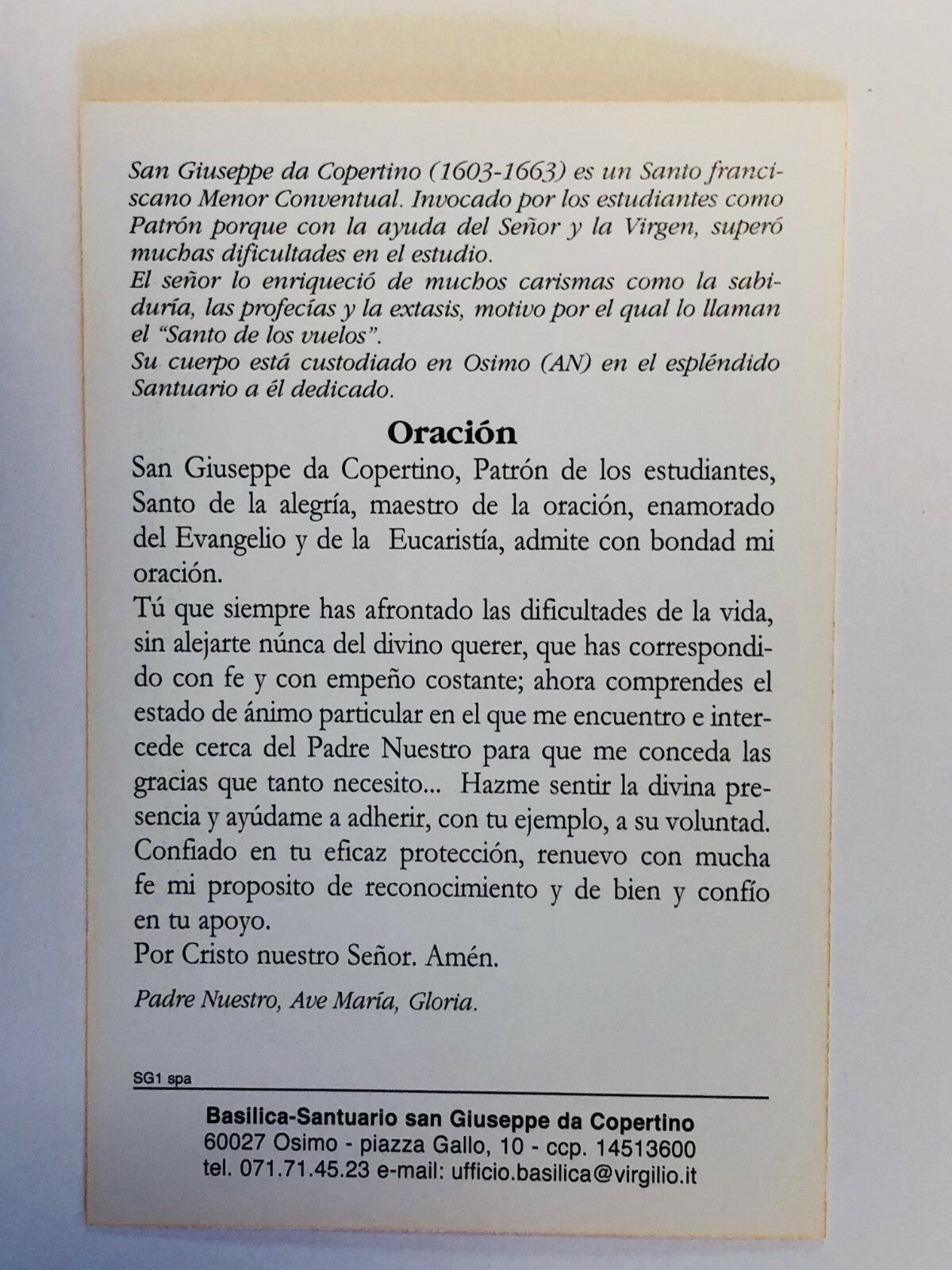 San José de Cupertino, Estampita en Español, Nueva de Italia - Journeys of Faith