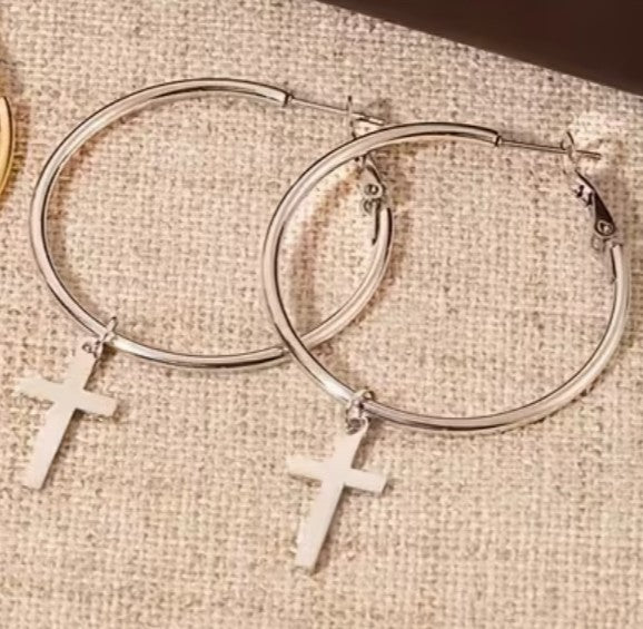 Cross 2.2" Dangle Hoop Silvertone Earrings, New #Gftshp-249