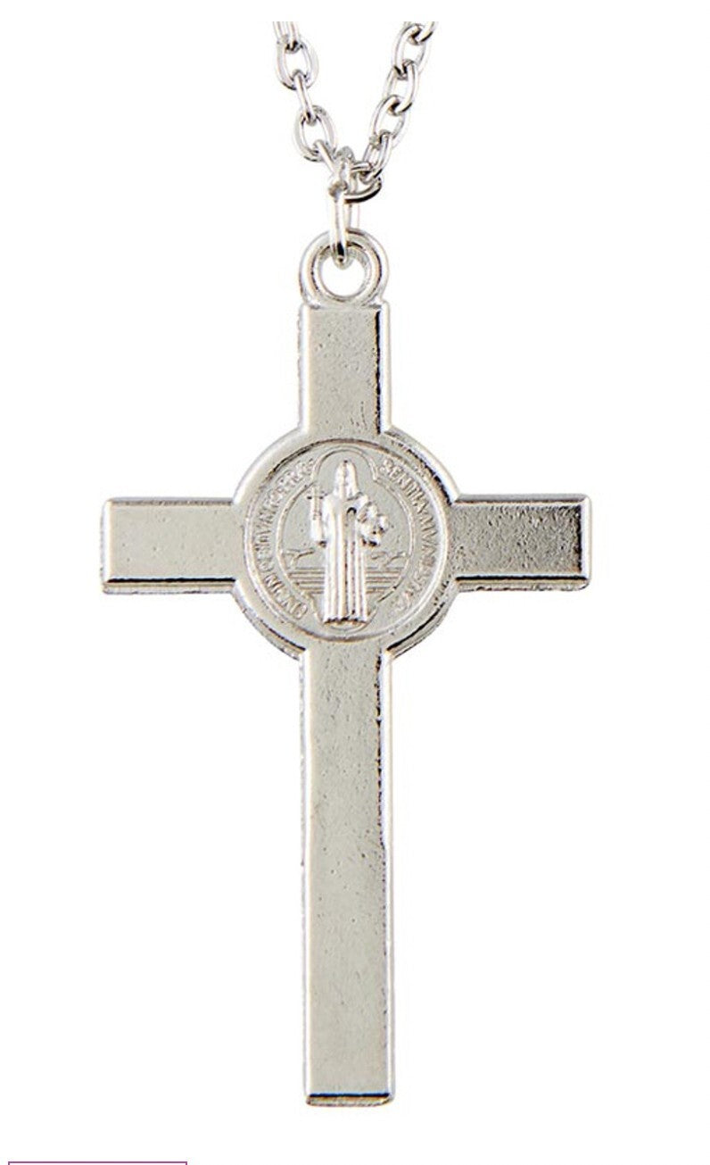 Saint Benedict Silver Crucifix 24" Necklace, New #AB-291-R2 - Journeys of Faith