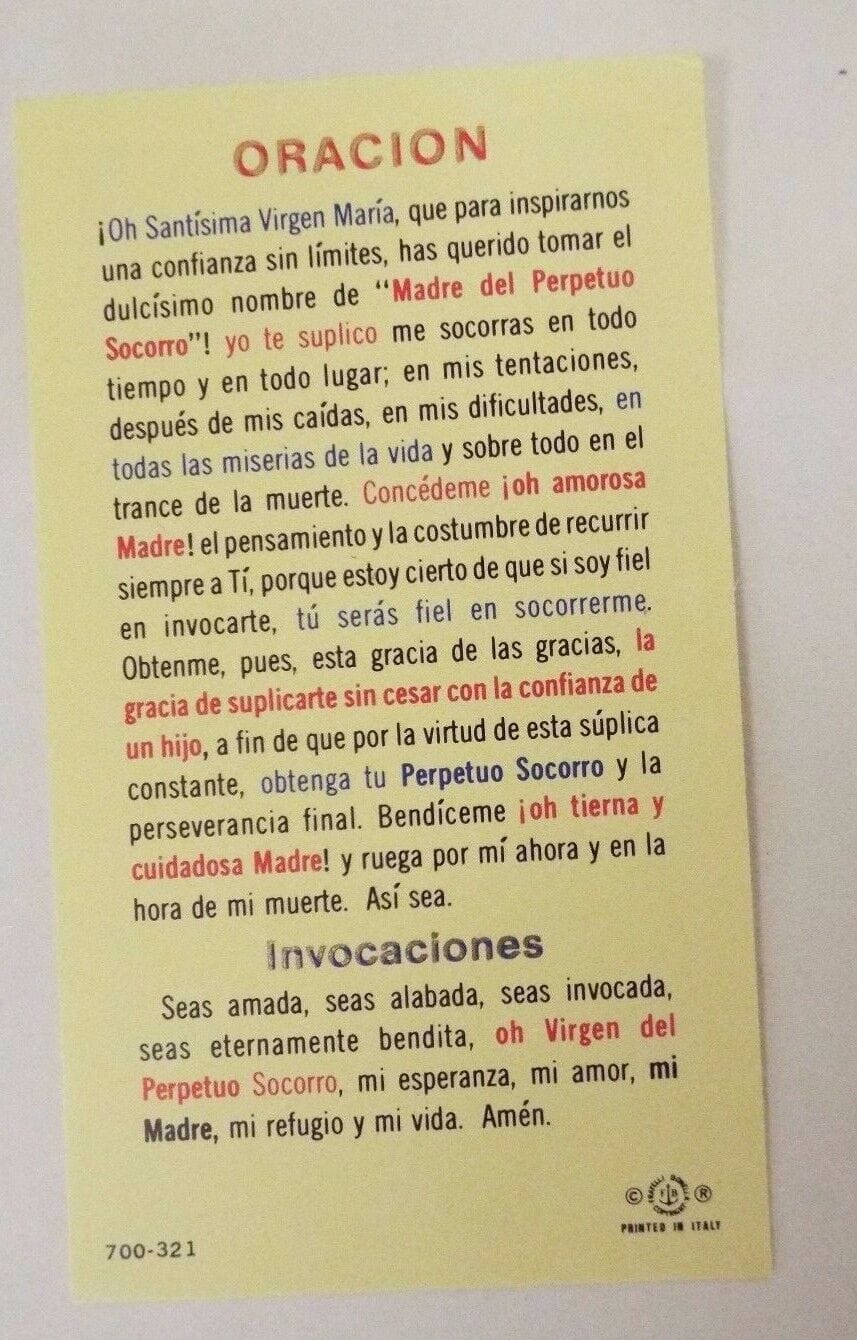 Virgen del Perpetuo Socorro Estampa de oración /Spanish Prayer,New - Bob and Penny Lord