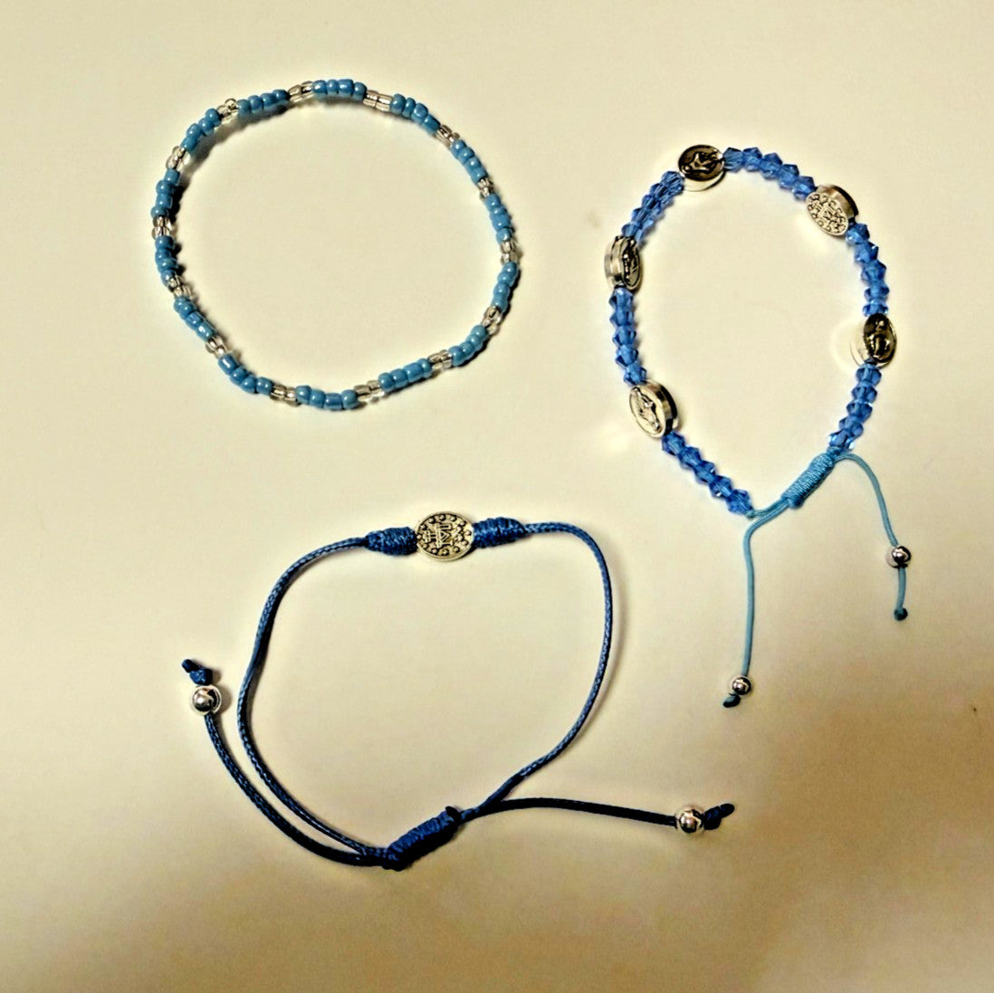 Our Lady of the Miraculous Medal 3 Pc Blue Cord Bracelets