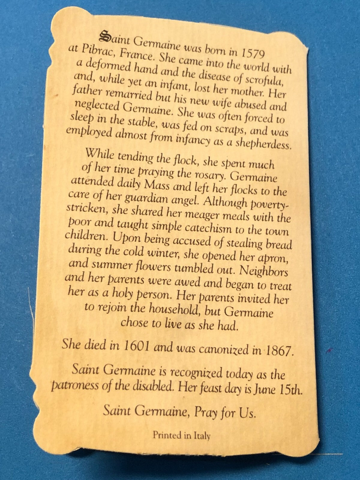 Saint Germaine de Pibrac (Patron of Disabled) Prayer Card + Medal, New#PCM-016