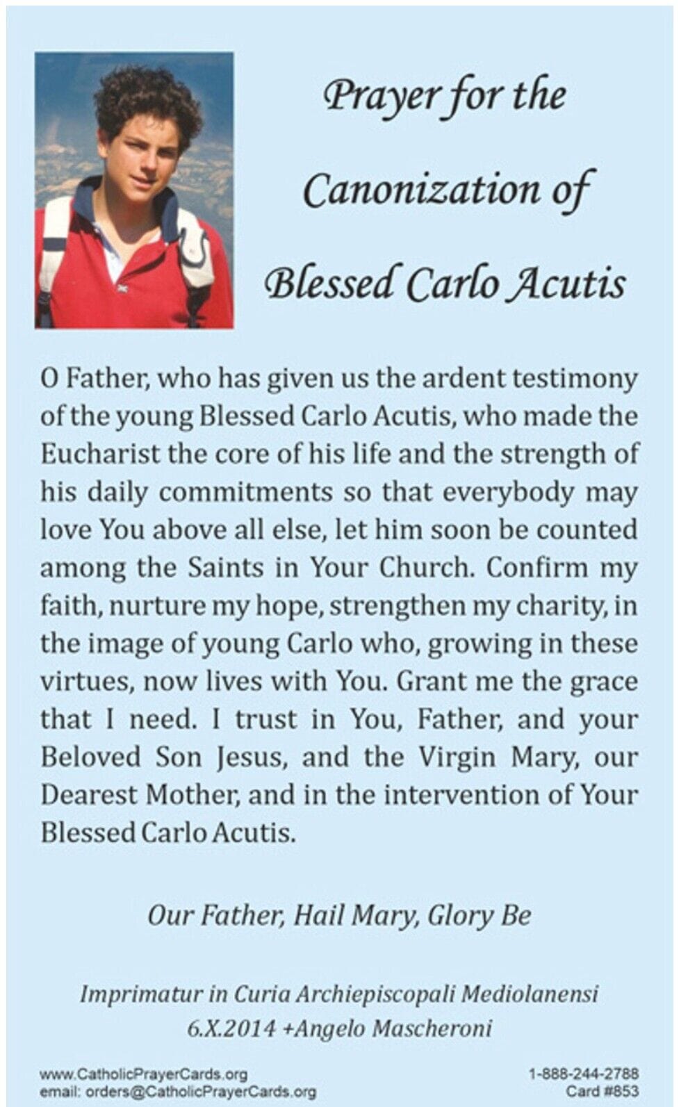 Prayer for the Canonization of Blessed Carlo Acutis, New #PC-29 - Bob and Penny Lord Journeys of Faith