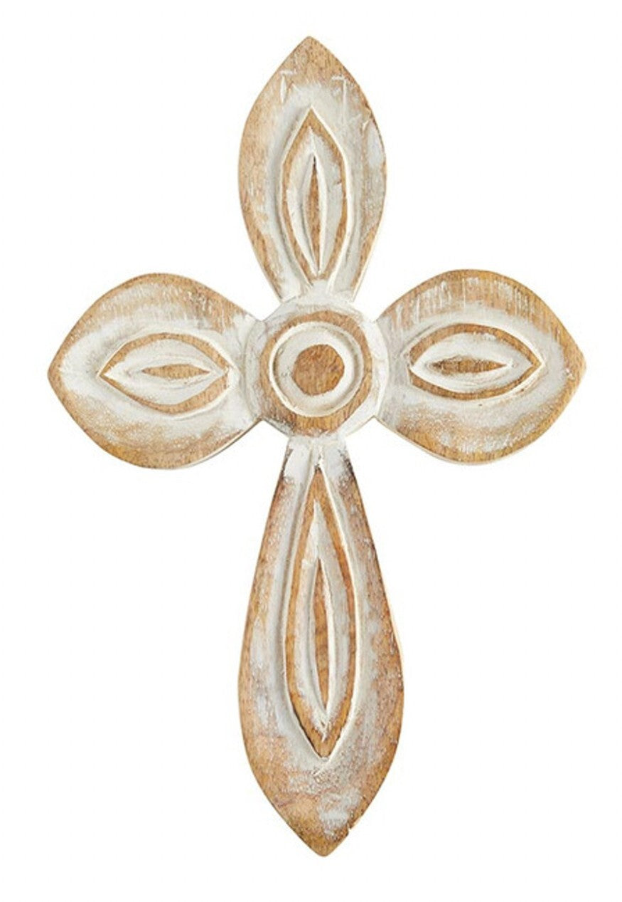 Bologna Ornate Carved Wood Whitewash Cross, New #AB-243