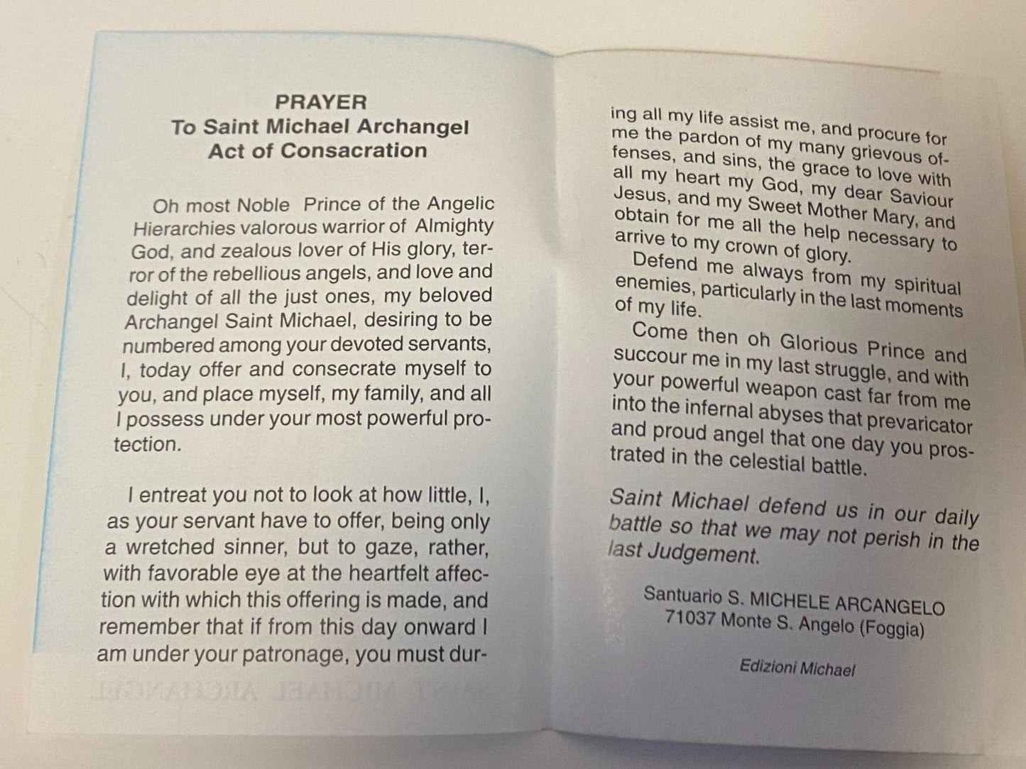 Saint Michael the Archangel prayer folder by Bob and Penny Lord, featuring Christian religious design and devotional imagery.