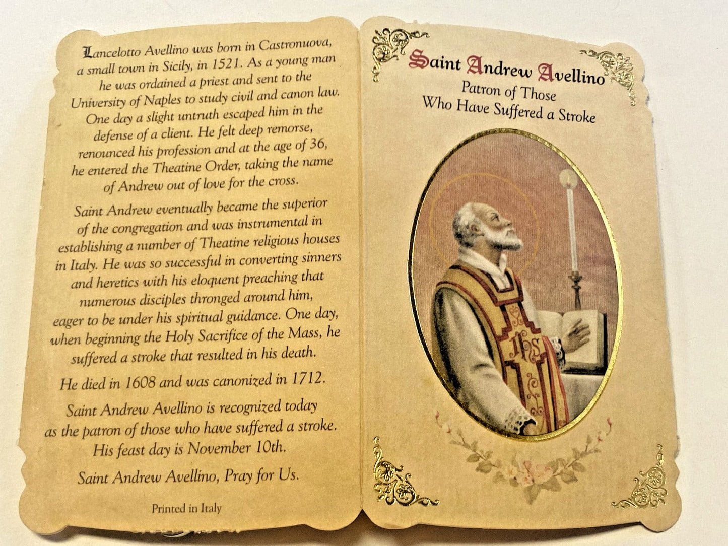 Saint Andrew Avellino(Patron Saint for Stroke Patient) Prayer Card + Medal, New - Bob and Penny Lord