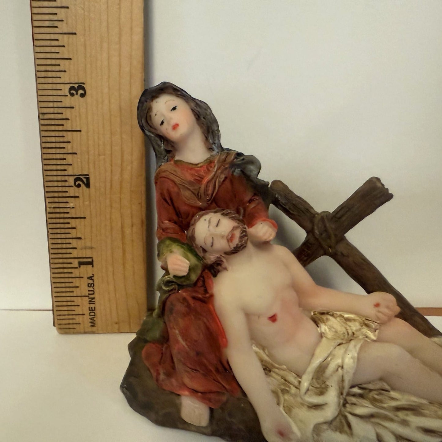 Colored Pieta 3-inch figurine by Journeys of Faith, Christian religious statue depicting Mary and Jesus in a tender embrace.