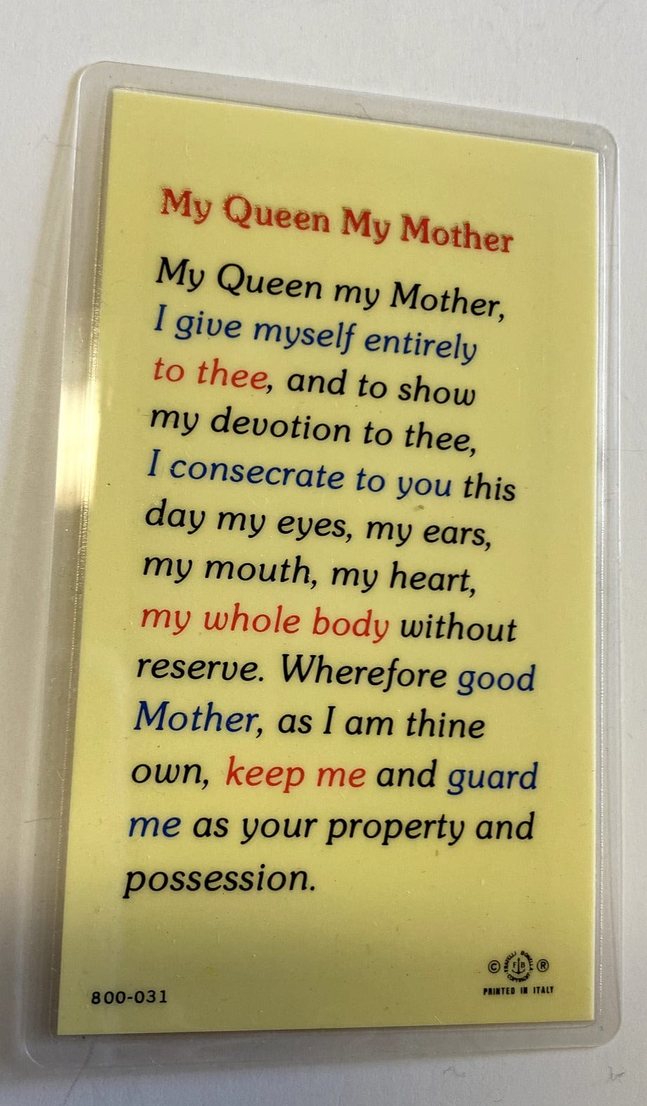 Our Lady of Grace"My Queen,My Mother" Laminated Prayer Card, New #PCL-50 - Bob and Penny Lord Journeys of Faith
