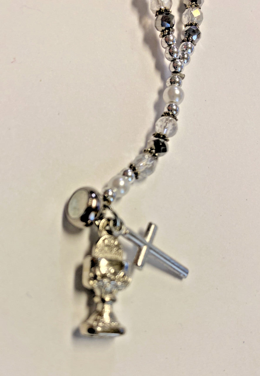 Crystal Magnetic 7" Bracelet with enamel chalice & cross charms, New #AB-79
