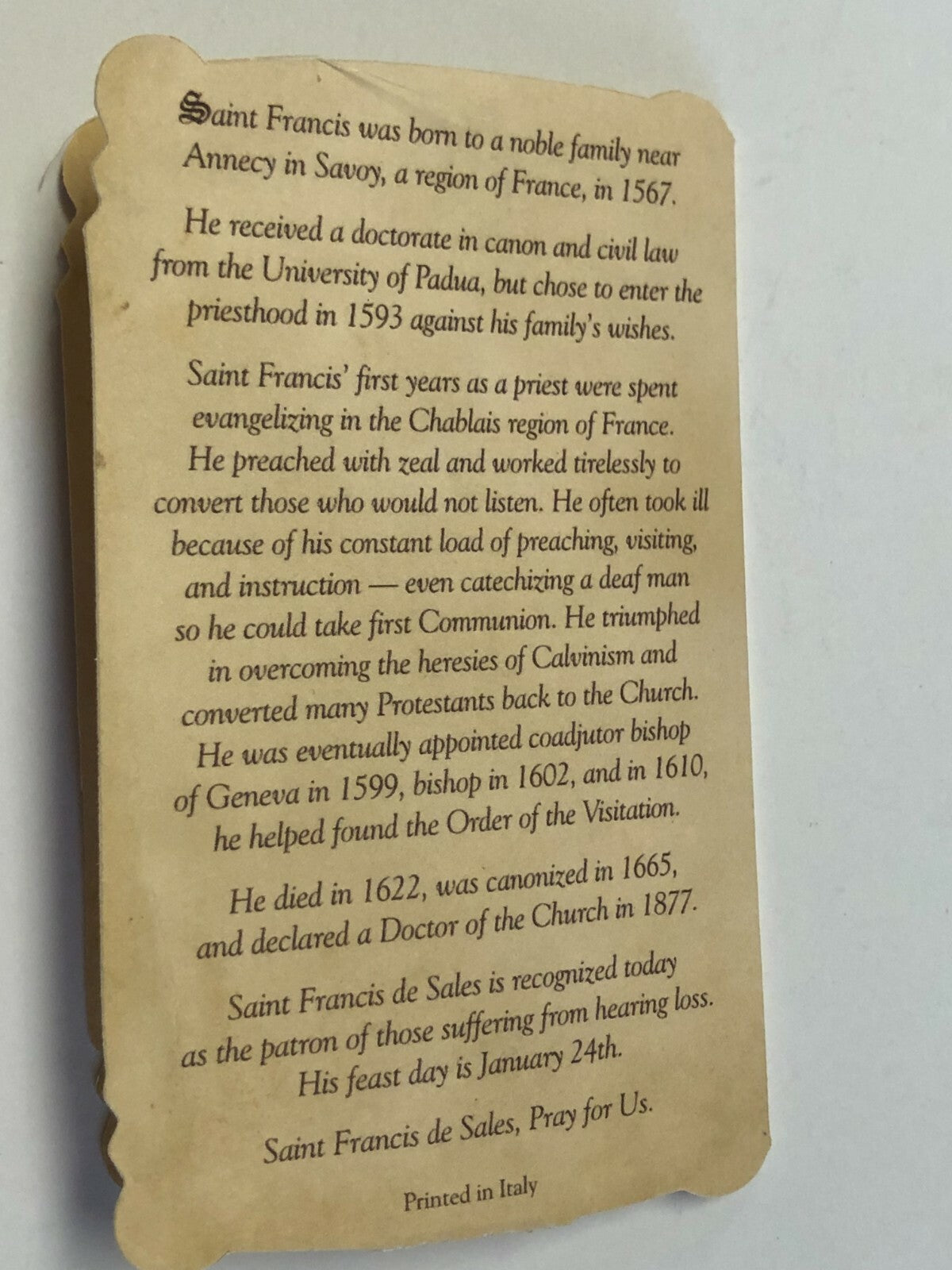 Saint Francis de Sales Prayer Card + Medal, New