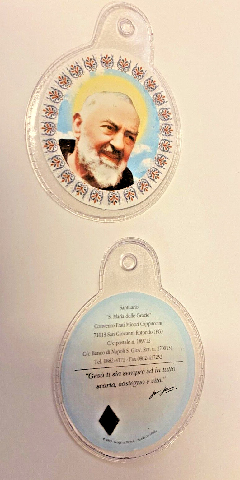 Padre Pio 3rd Class Relic in plastic encase from Italy, Christian religious collectible by Bob and Penny Lord.