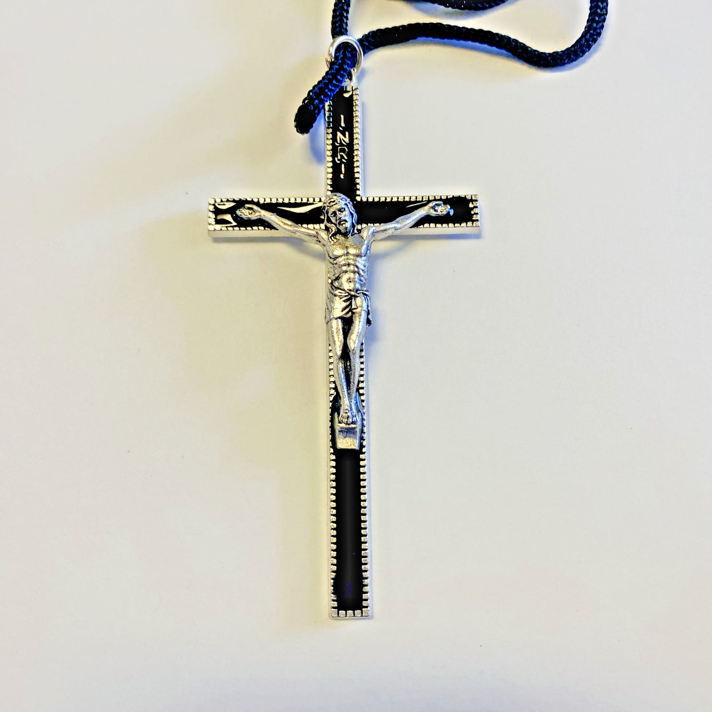 Black Enamel 3.5" Crucifix Black Corded Necklace, New #MD-038