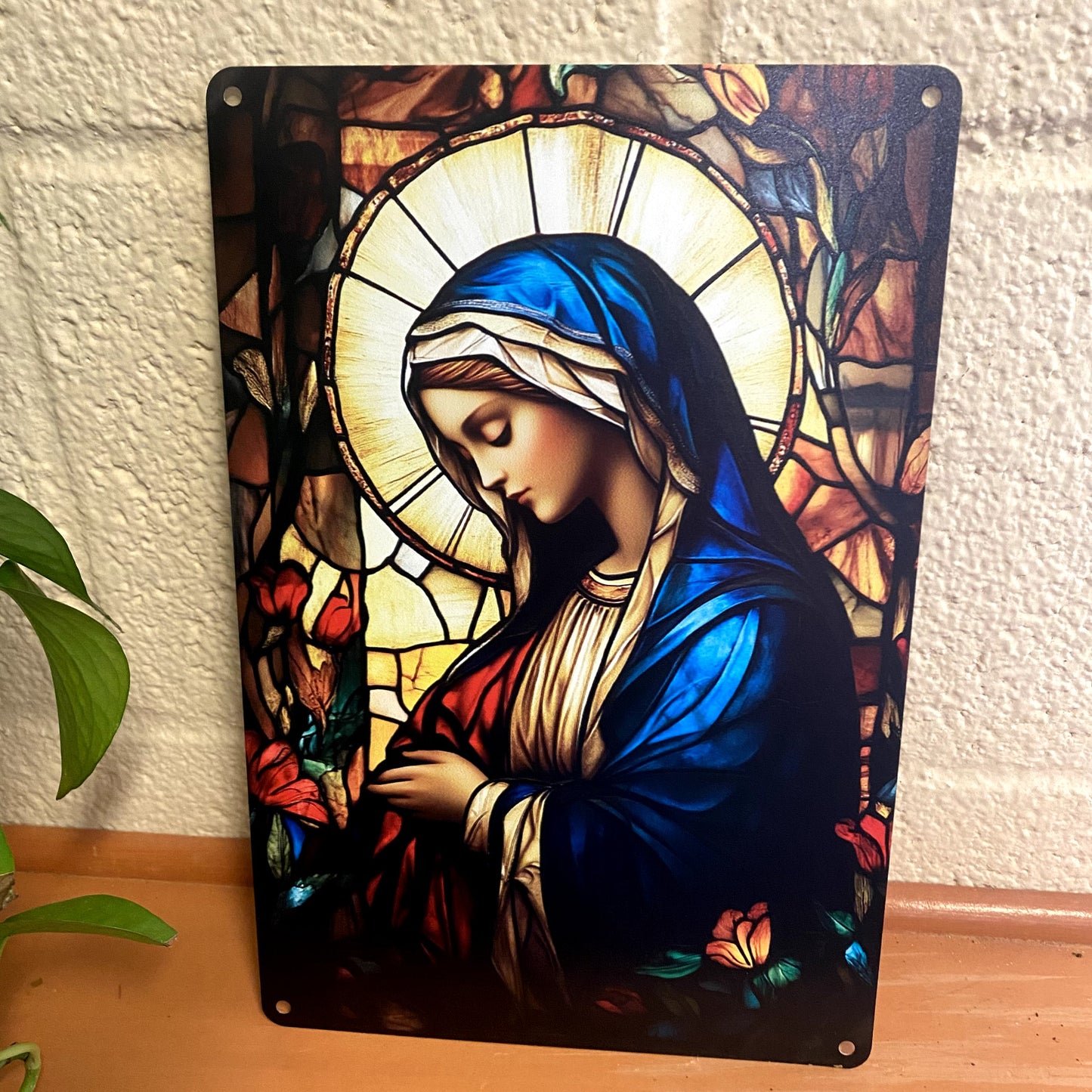 Virgin Mary on Stained Glass Style Image set on Aluminum, New #ALM-09