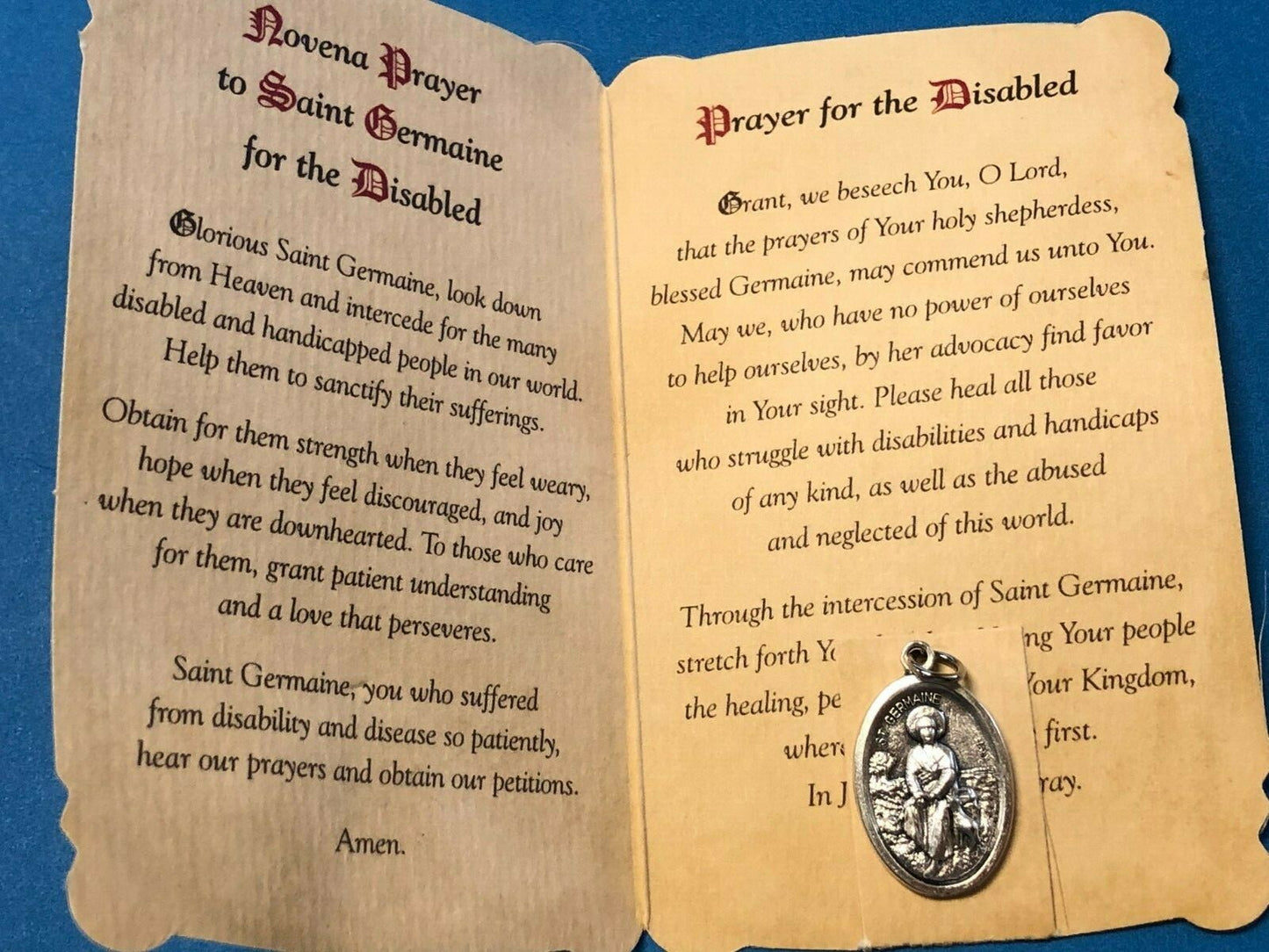 Saint Germaine de Pibrac (Patron of Disabled) Prayer Card + Medal, New#PCM-016
