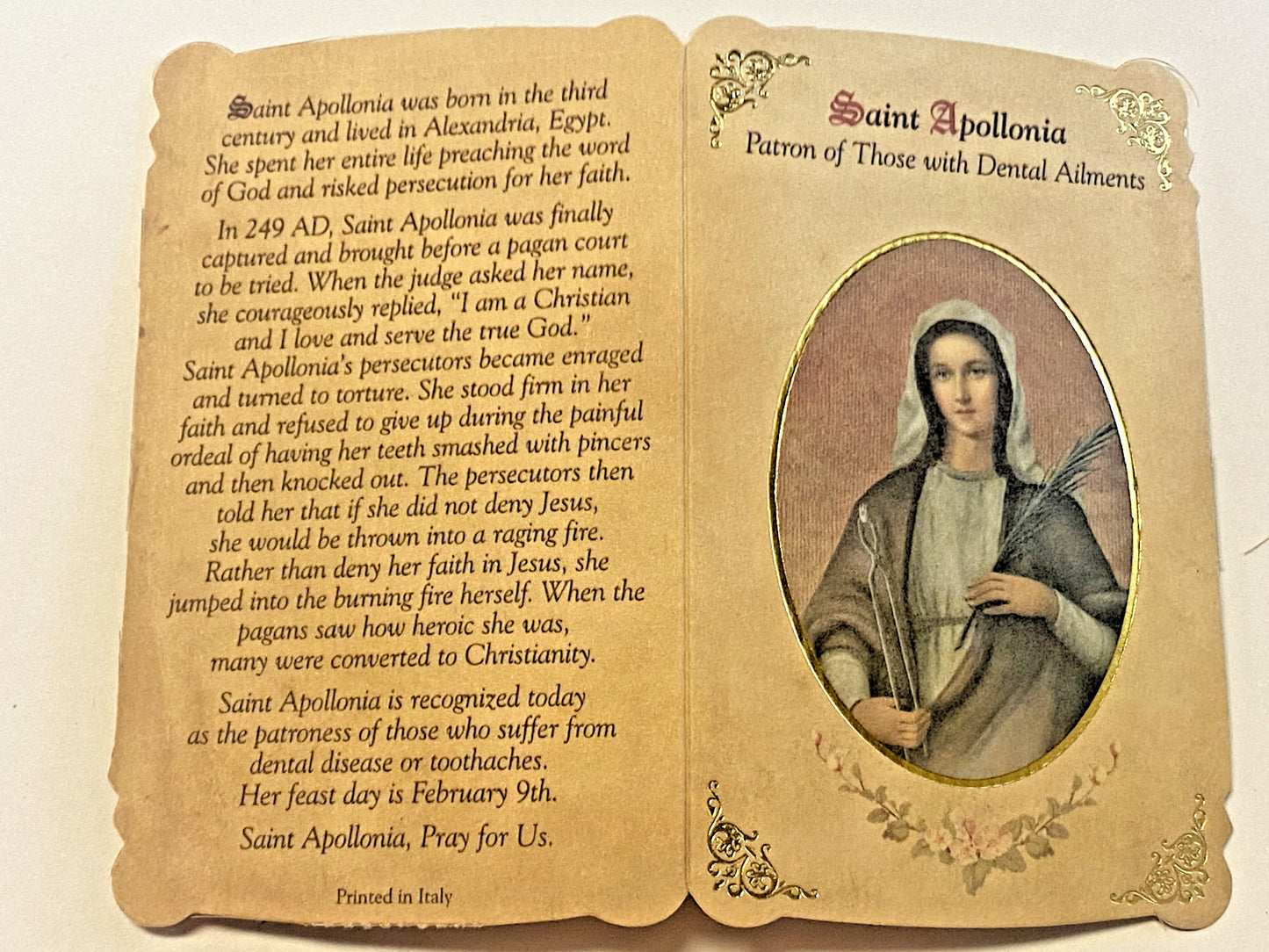 Saint Apollonia(Patron Saint for Dental Ailments) Prayer Card + Medal, New
