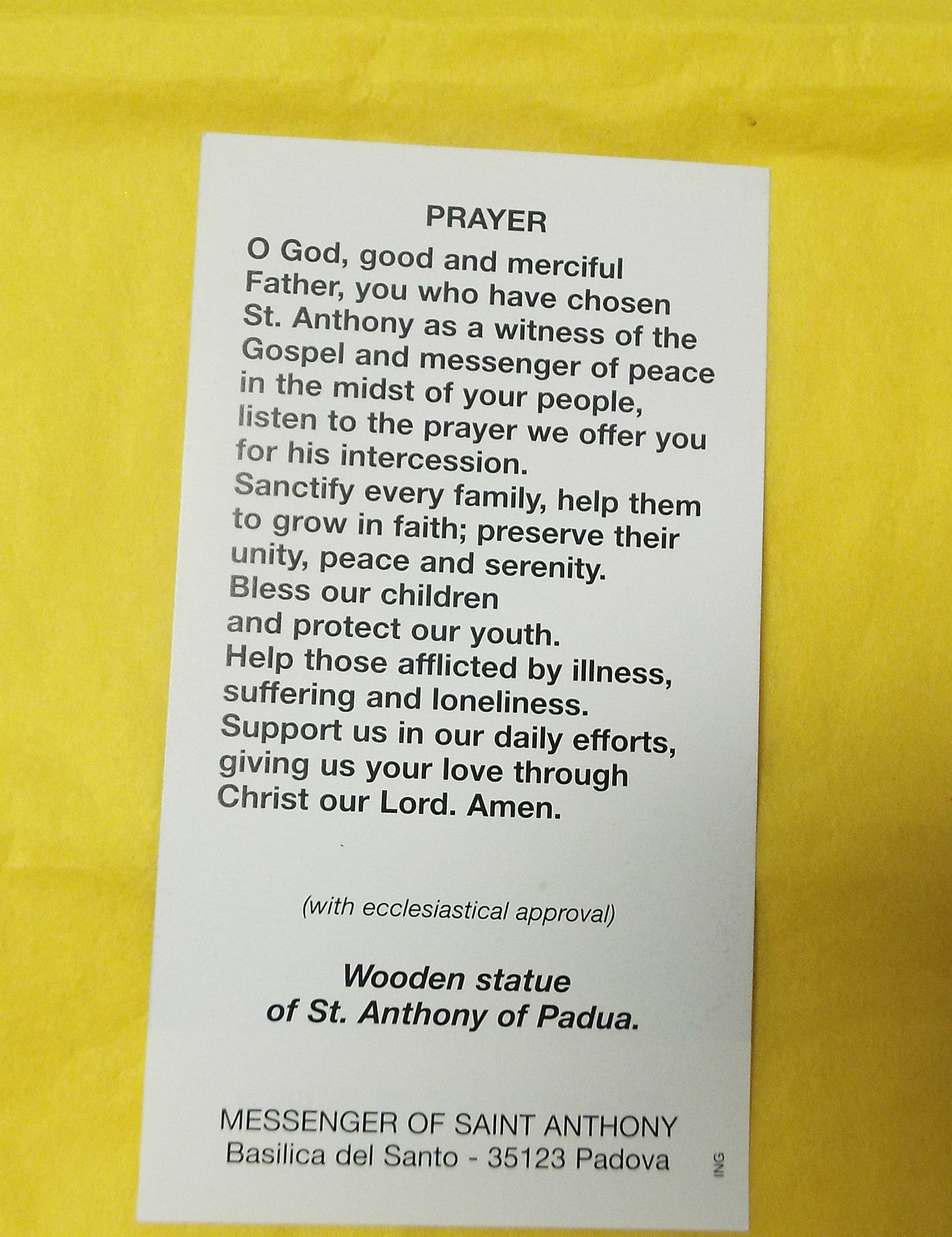 Saint Anthony of Padua prayer card from Italy featuring religious artwork, part of Bob and Penny Lord's Christian collectibles collection.