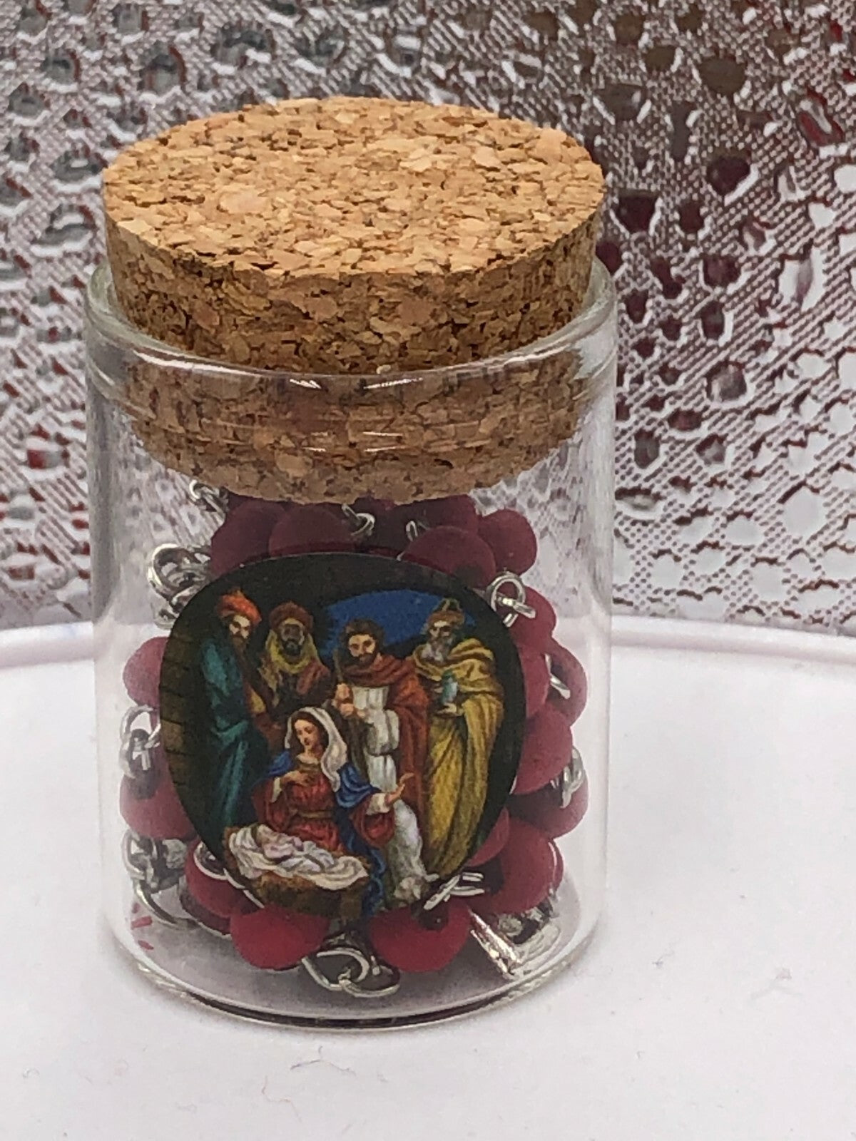 Holy Family Miniature Rose Scented Wood Bead Rosary in Glass 1 3/4" Bottle, New - Journeys of Faith