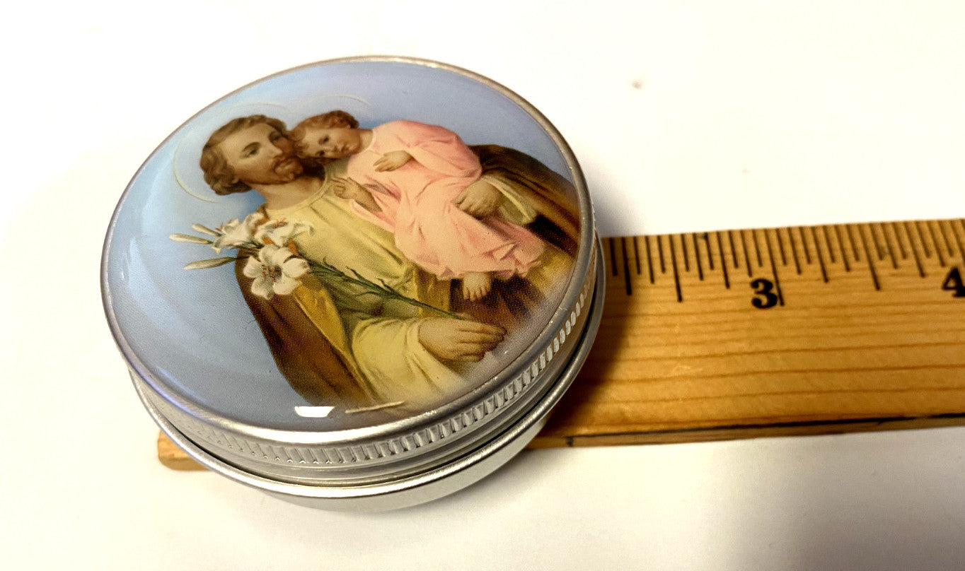 Saint Joseph rosary tin case by Bob and Penny Lord, decorative collectible container for Christian rosaries and religious items.
