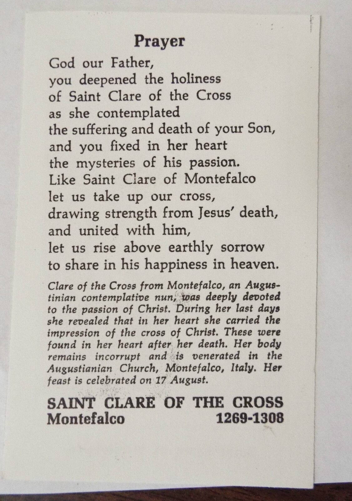 Saint Clare of Montefalco, Black & White Prayer Card, From Italy - Bob and Penny Lord Journeys of Faith