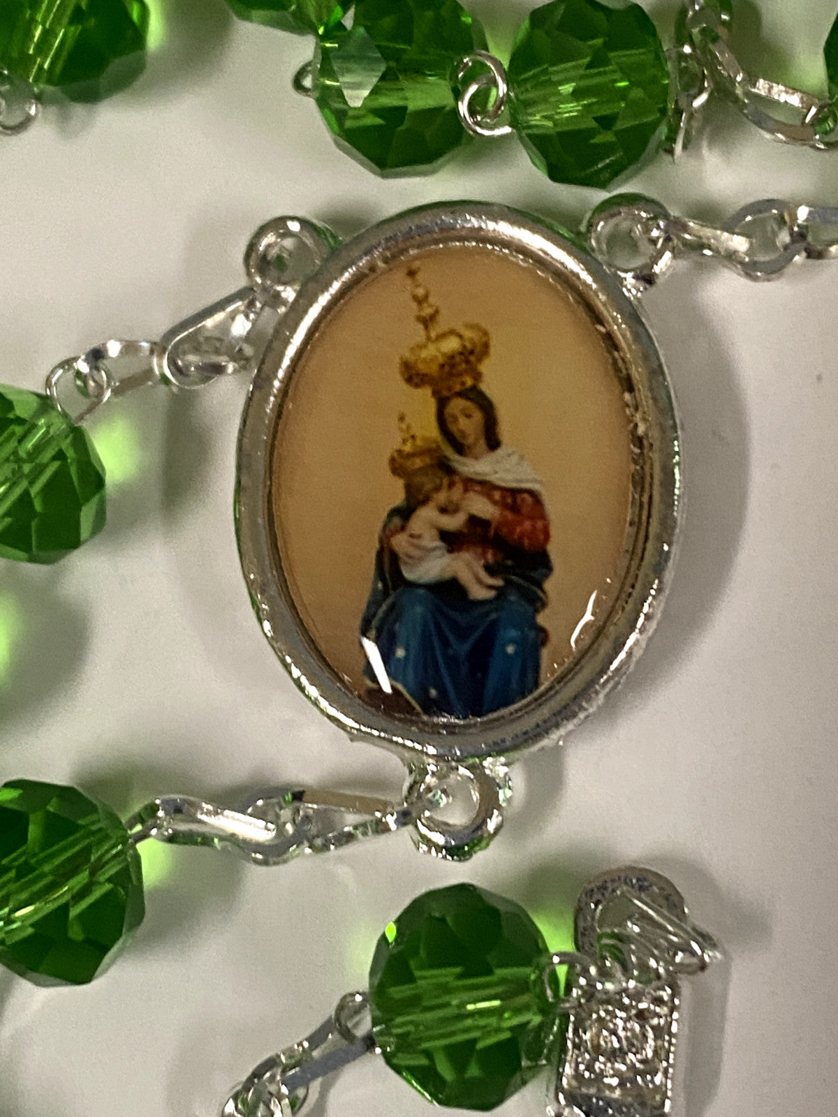 Our Lady of Mount Carmel Handmade Green Rosary, New from Colombia #L059 - Journeys of Faith