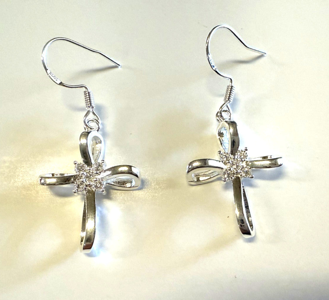 .925 Sterling Silver 1.50" Cross Earrings, New #AB-380-R2