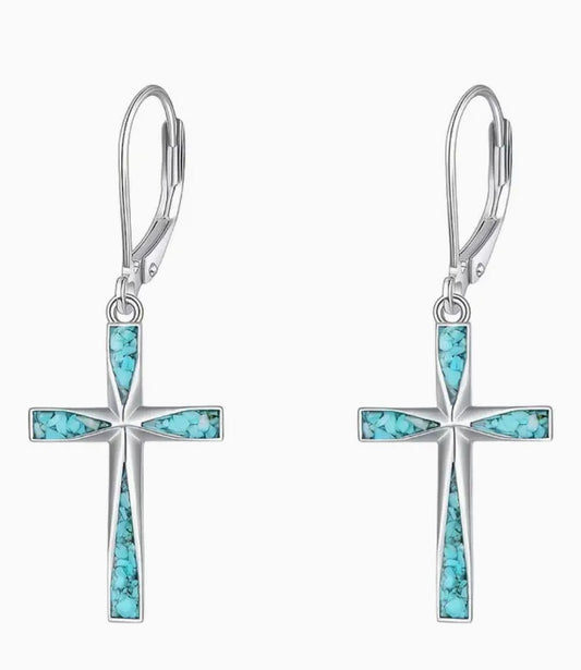 Cross with inlaid greenstones inside Earrings, New #AB-376-R2 - Journeys of Faith