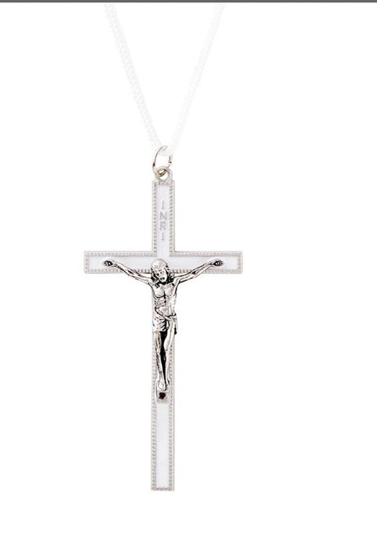 White Enamel 3.50" Cross with White Cord 1.50" Pendant - Journeys of Faith