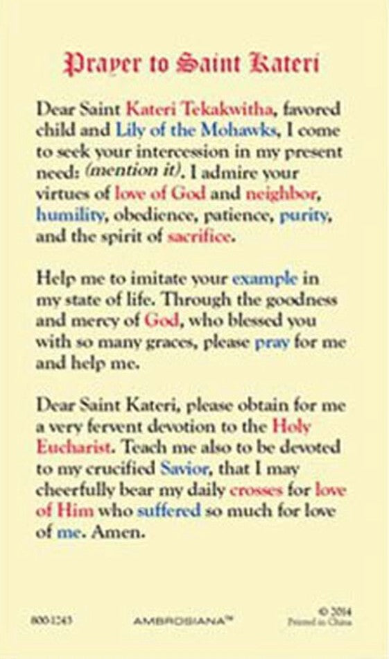 Saint Kateri Tekakwitha Laminated Prayer Card, New #PCL-46 - Journeys of Faith