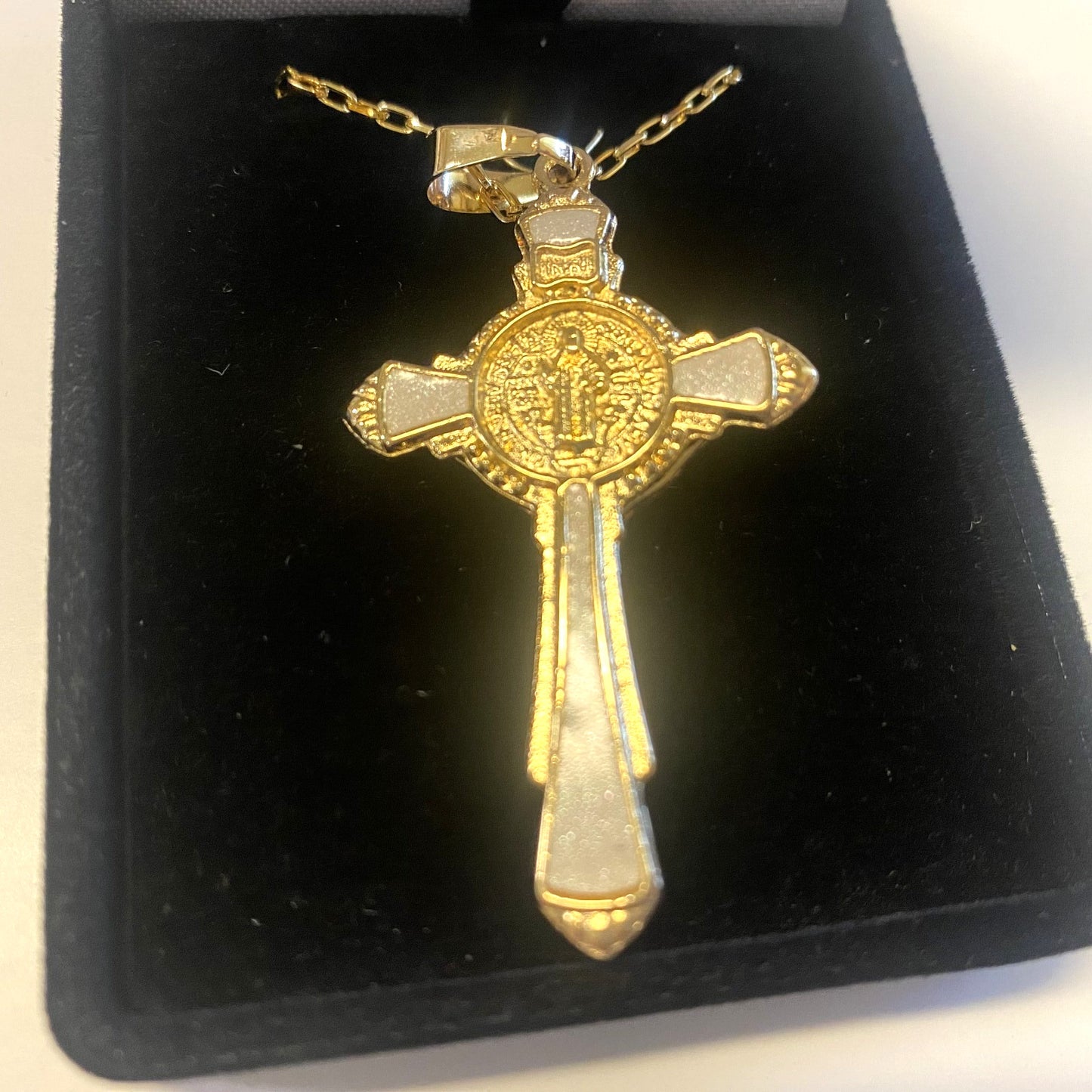 St Benedict 2.00" Crucifix, Brazilian Gold Plated 20" Necklace, New, Gftshp-16 - Journeys of Faith