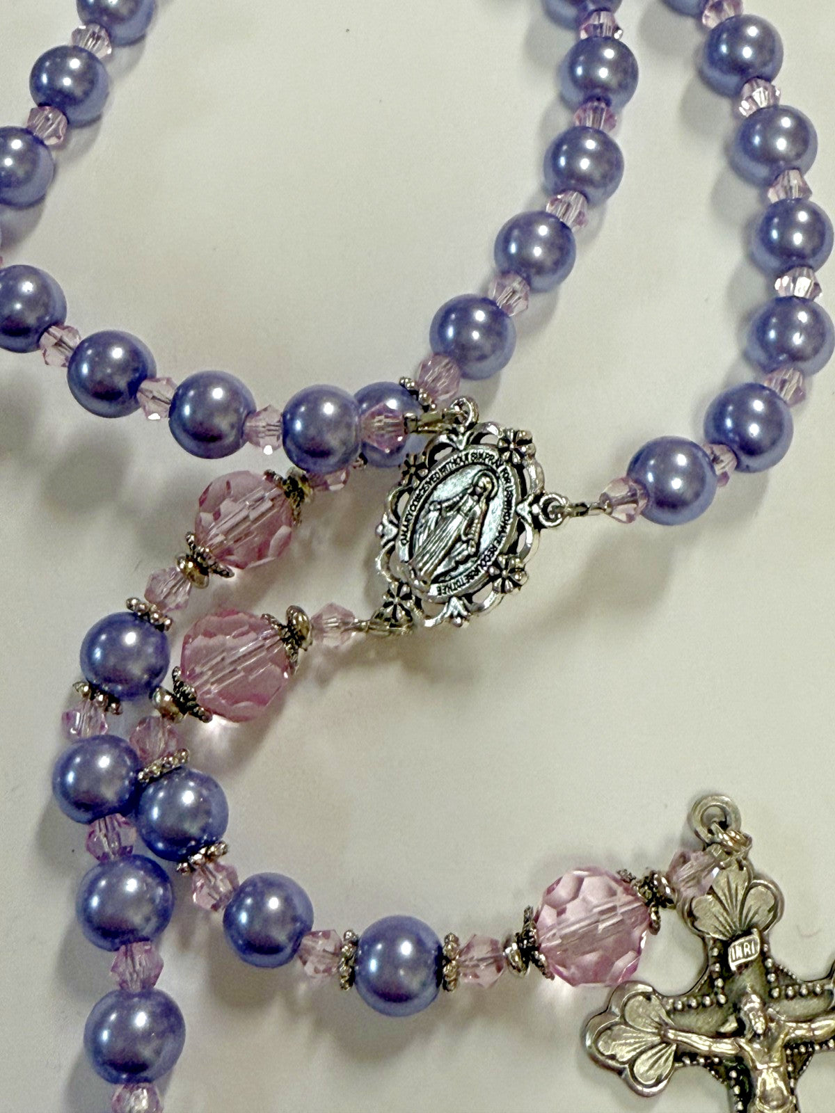 Purple Rosary with Faux Glass Pearl and Faceted Crystal Beads 19 In