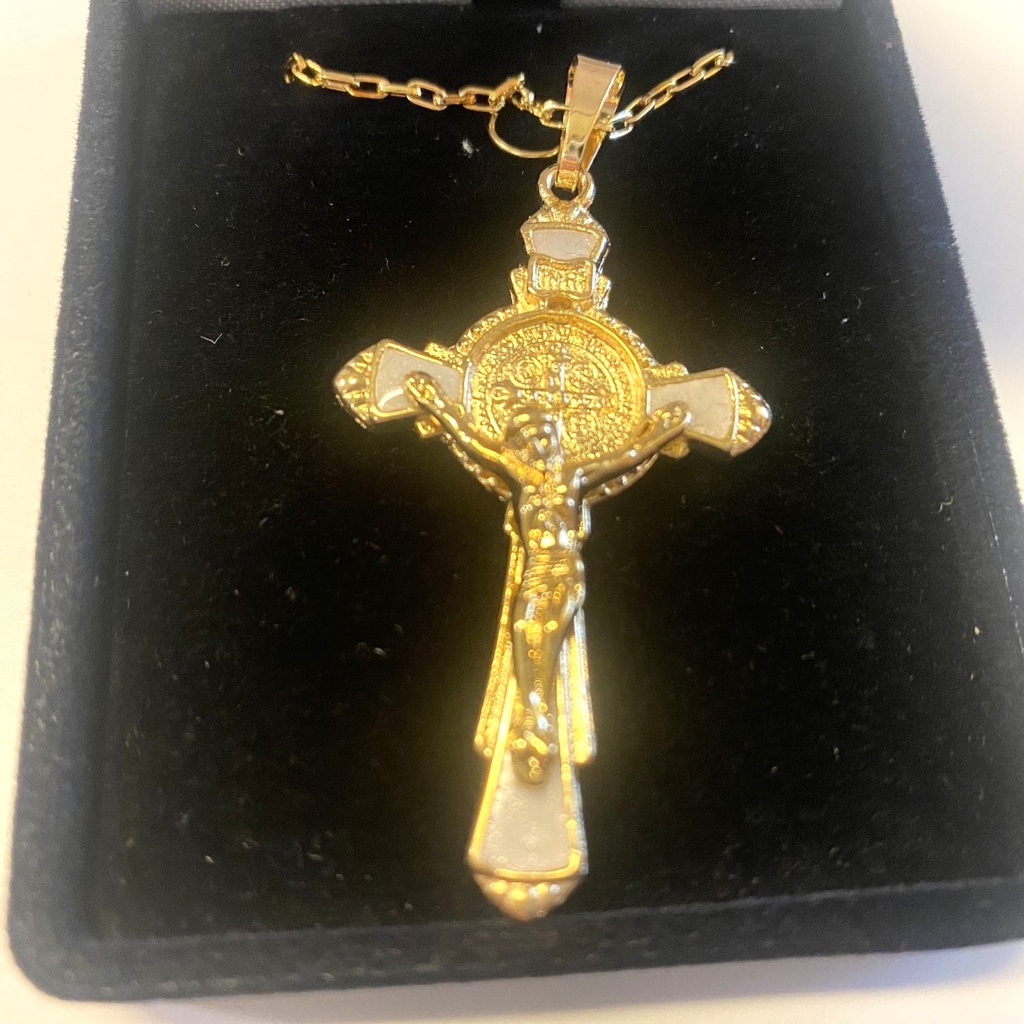 St Benedict 2.00" Crucifix, Brazilian Gold Plated 20" Necklace, New, Gftshp-16 - Journeys of Faith