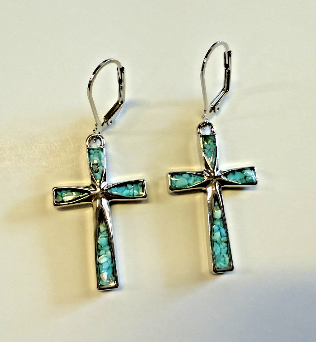 Cross with inlaid greenstones inside Earrings, New #AB-376-R2 - Journeys of Faith