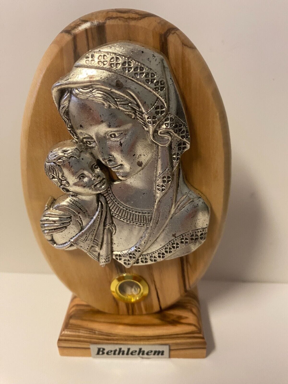 Blessed Mother with Child Pewter Image set on Wood, Medium, New from Bethlehem - Bob and Penny Lord Journeys of Faith