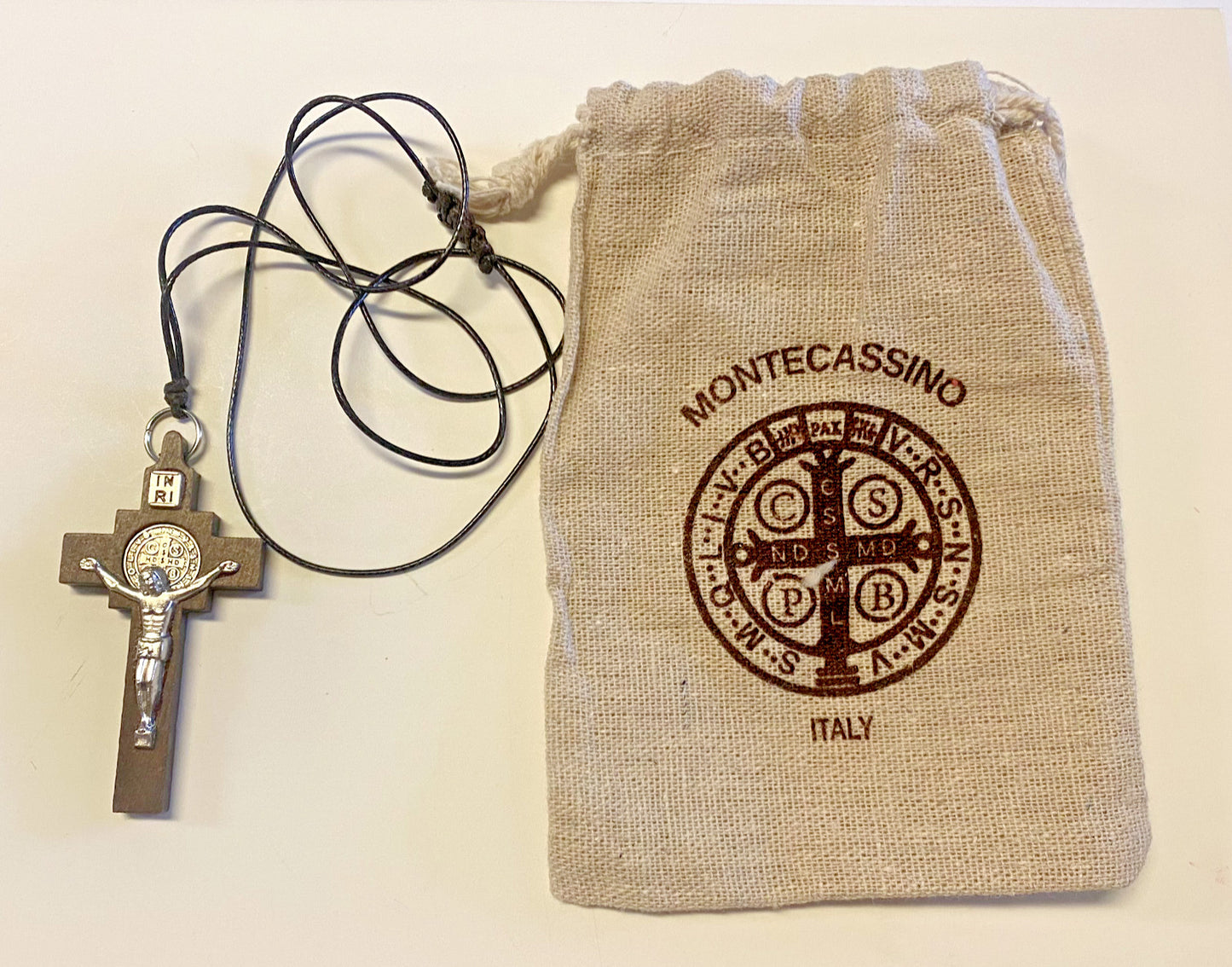 Saint Benedict Wood 2.5" Crucifix on Cord Necklace, New #MD-073 - Bob and Penny Lord Journeys of Faith