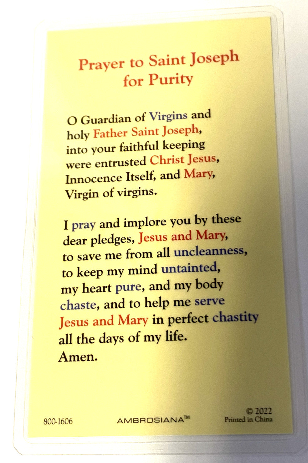 Saint Joseph Laminated "Prayer for Purity" Card, New #PCL-10