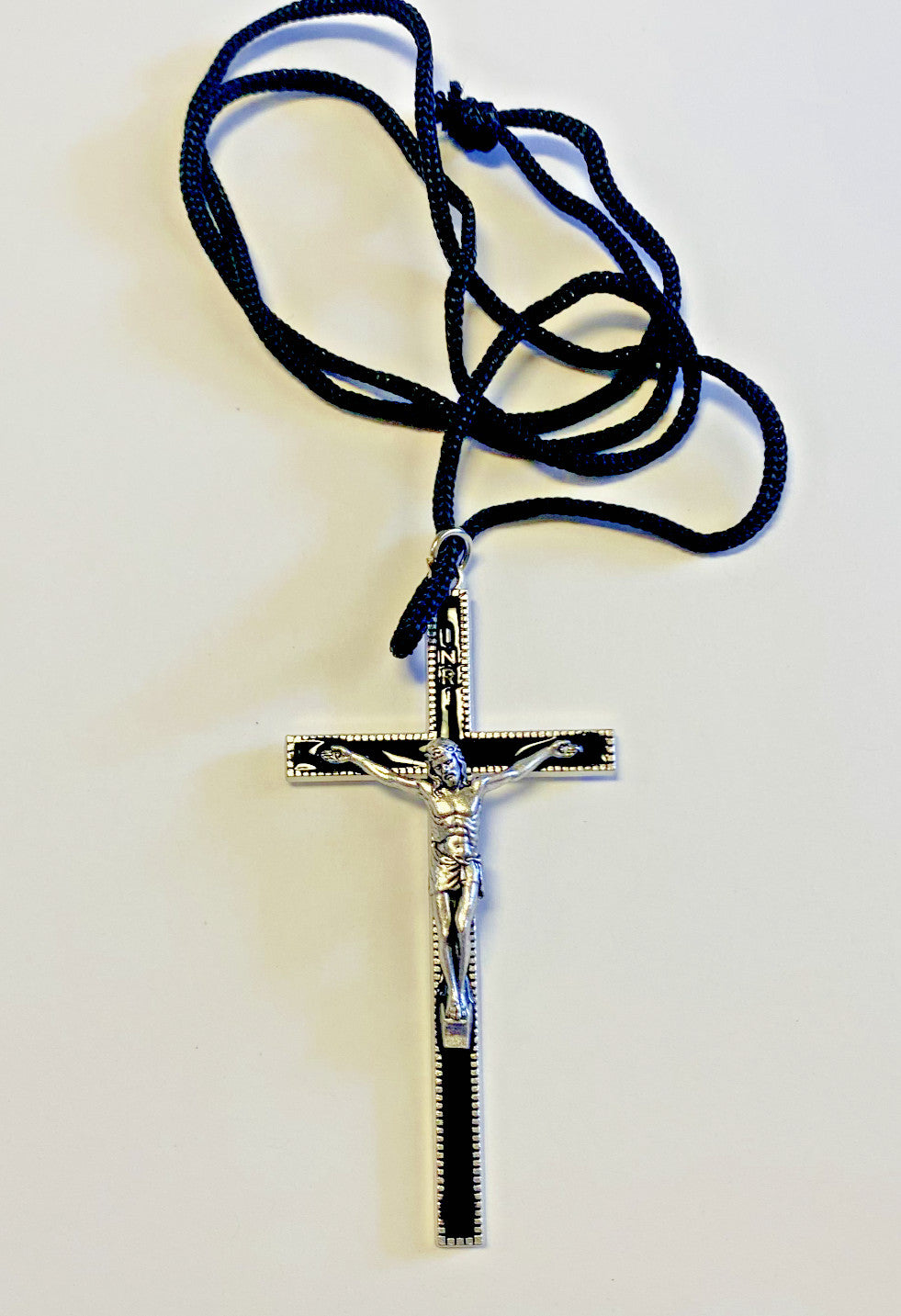 Black Enamel 3.5" Crucifix Black Corded Necklace, New #MD-038