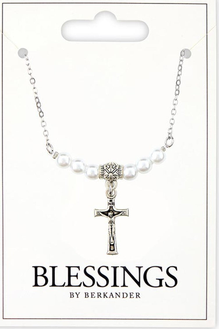 Silver 1" Crucifix Necklace with Faux Pearls, New #AB-353-R2 - Journeys of Faith