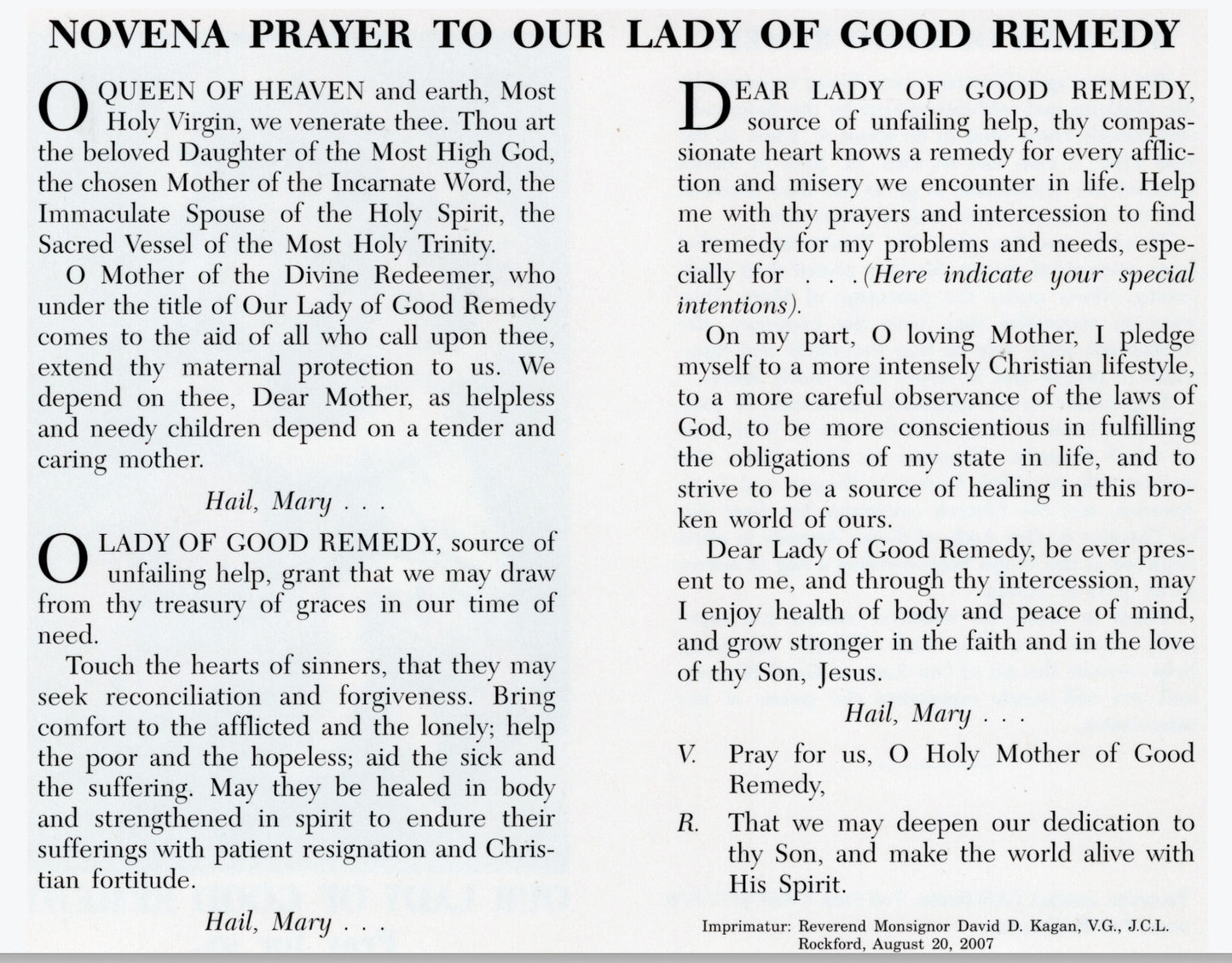 Our Lady of Good Remedy Prayer Card