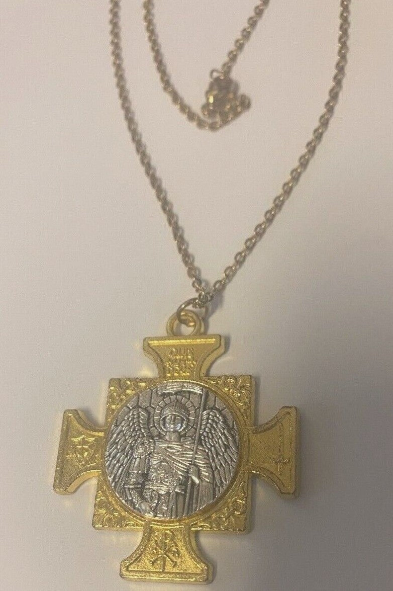 Saint Michael The Archangel Iron Cross Gold tone/Silver tone Pendant, New